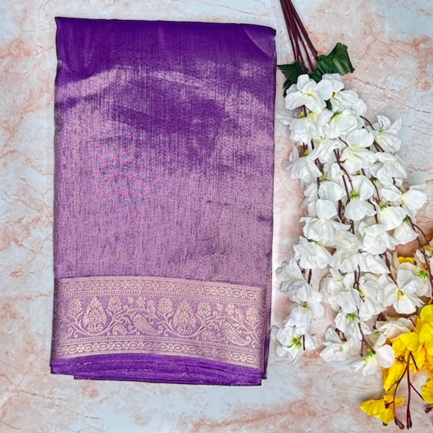 Purple golden plain Banarasi tissue saree