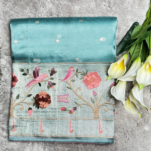 Light rama green Tissue Paithani big border Saree – A Legacy of Handwoven Heritage