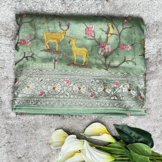 Pastel Mint Deer motifs Tissue Saree with German Silver Border