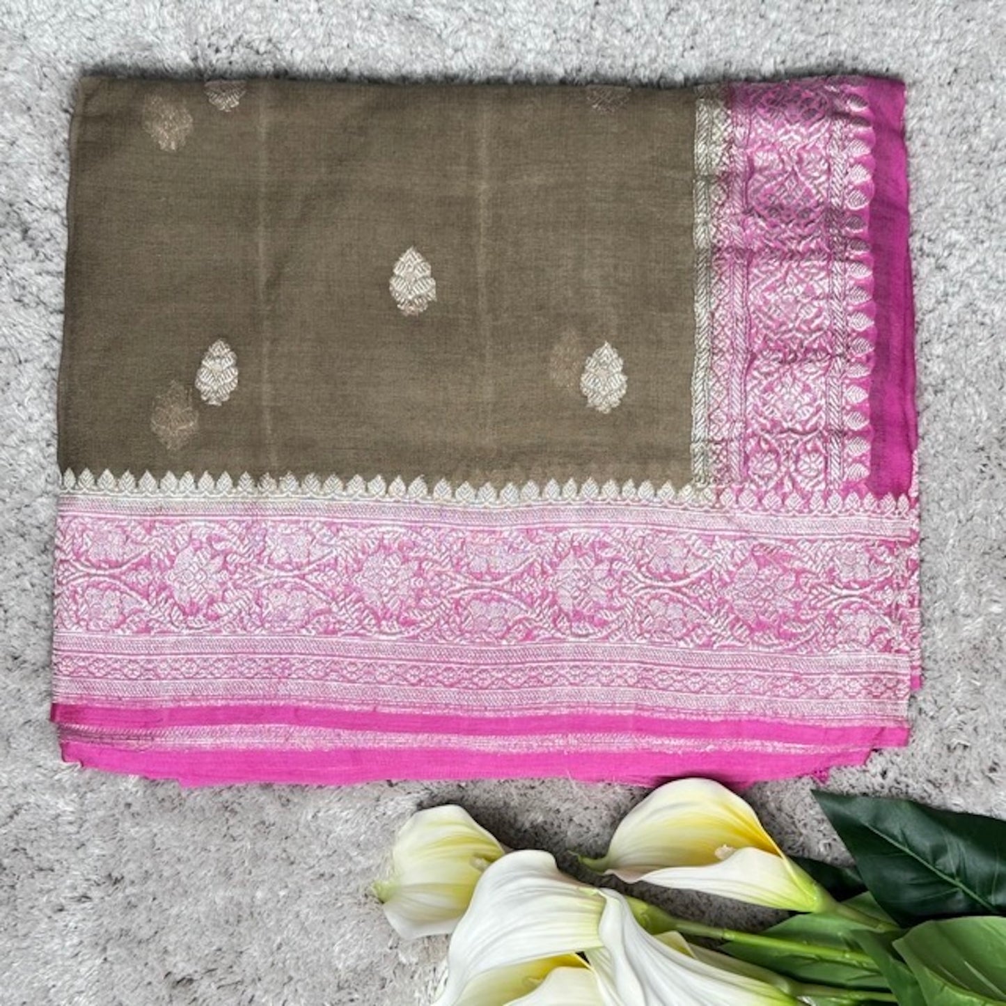 Mud Brown with Rose Pink Banarasi pure chiffon saree