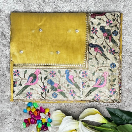 Golden Yellow tissue polka dots saree