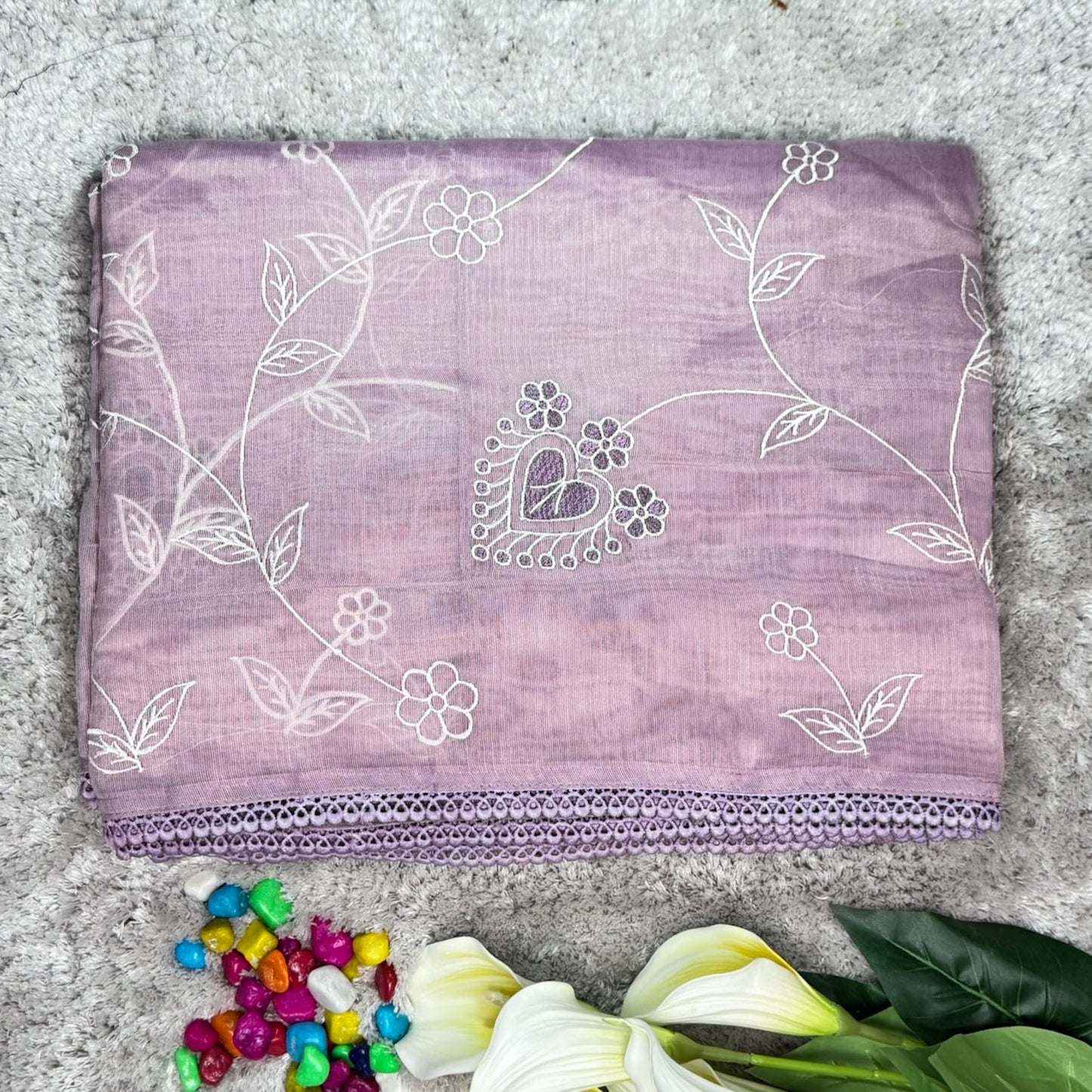 Pastel Pink Tissue Embroidered floral motif Saree