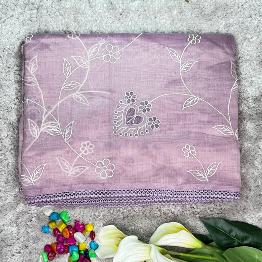 Pastel Pink Tissue Embroidered floral motif Saree