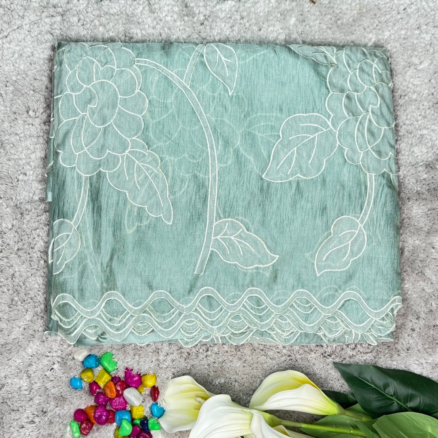 Sea Green Soft Tissue Organza with Applique and Scallop Work Saree