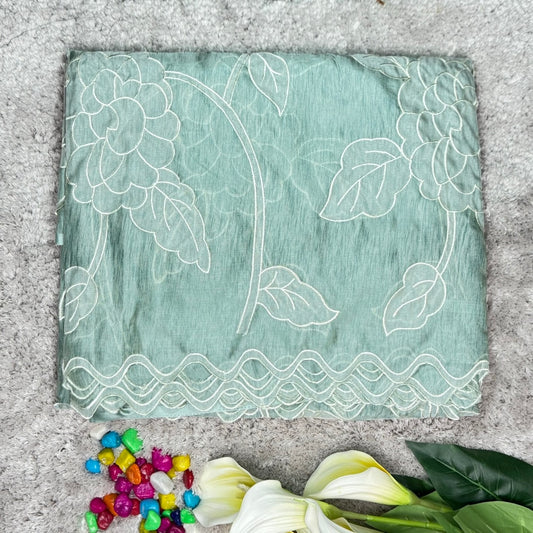 Sea Green Soft Tissue Organza with Applique and Scallop Work Saree