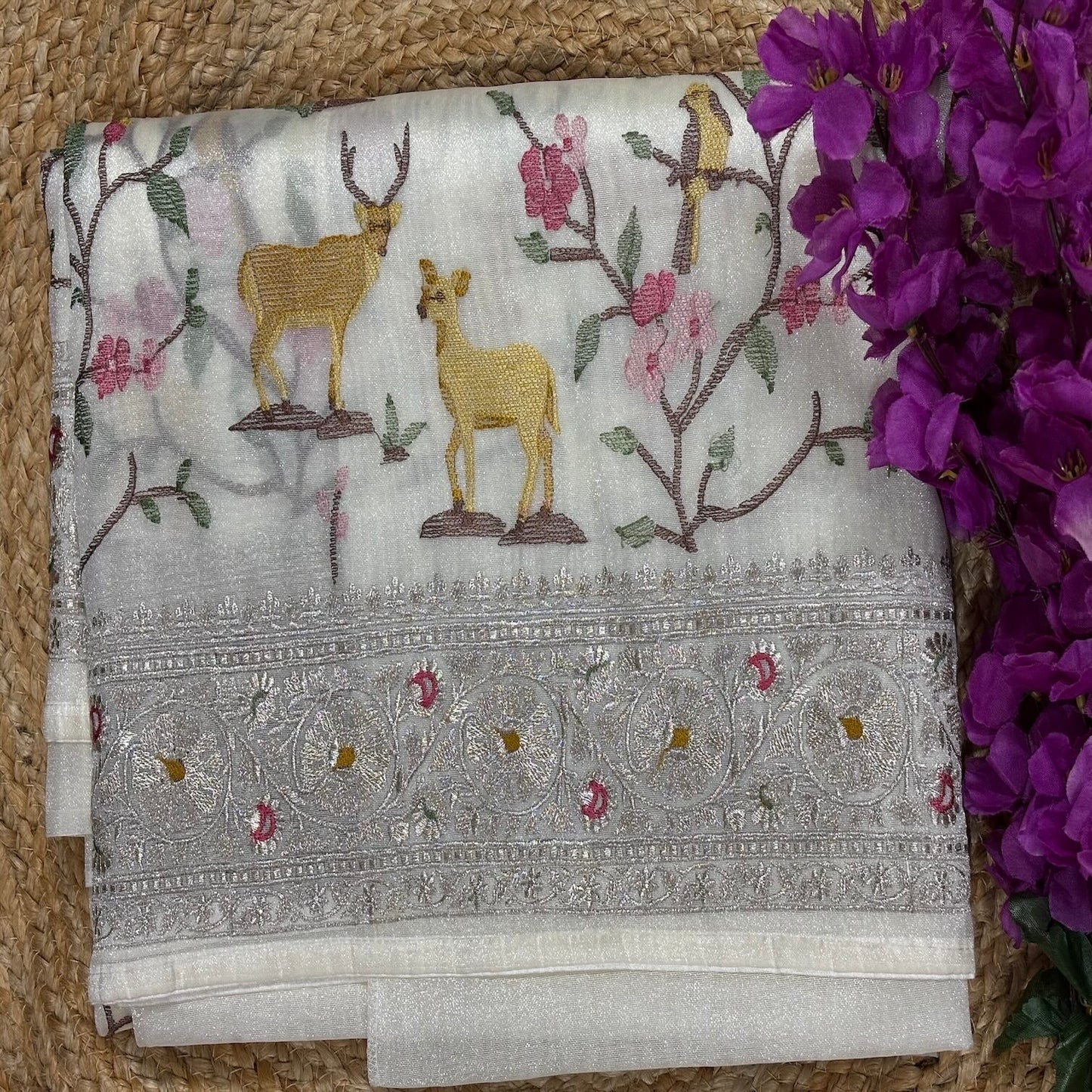 White Deer motifs Tissue Saree with German Silver Border