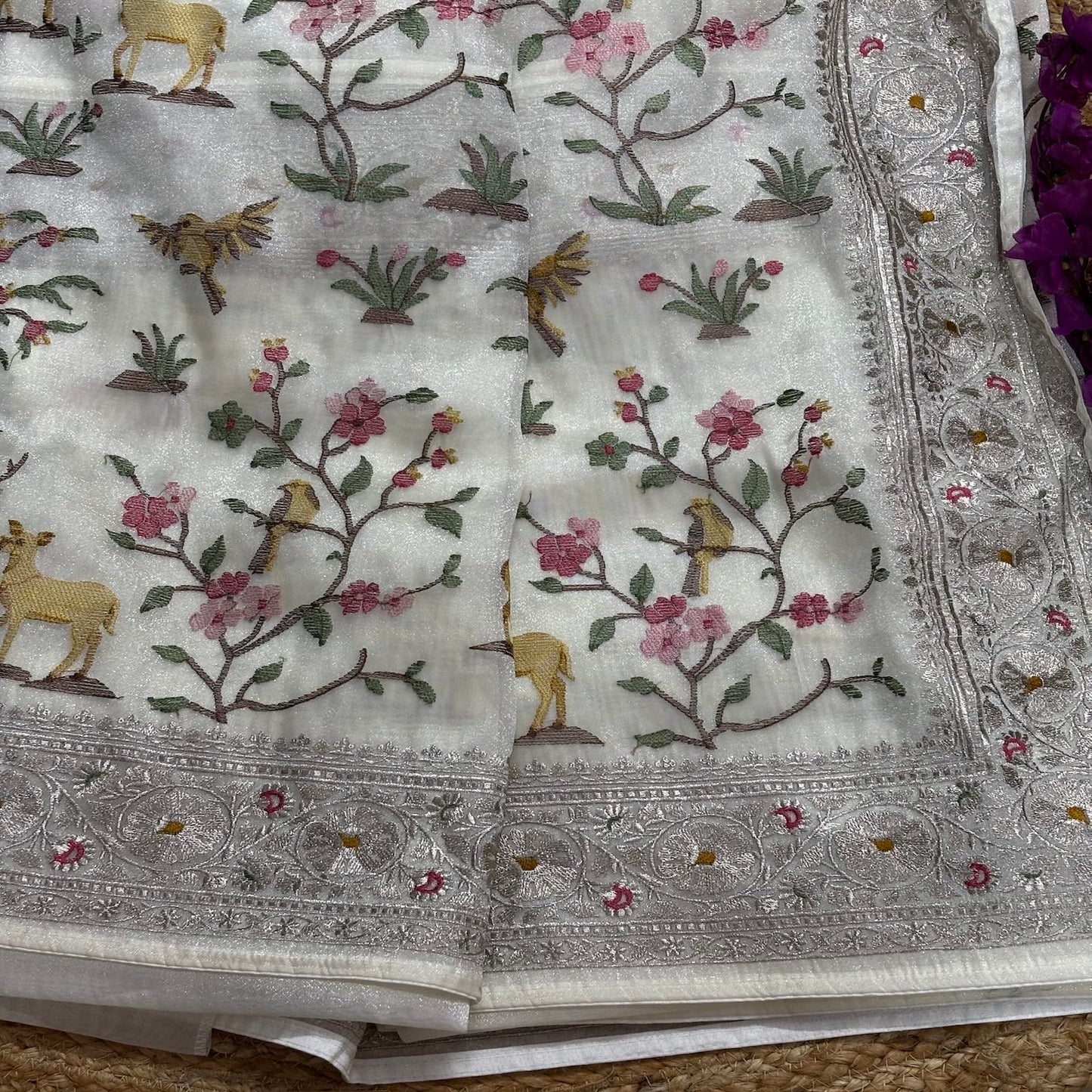 White Deer motifs Tissue Saree with German Silver Border