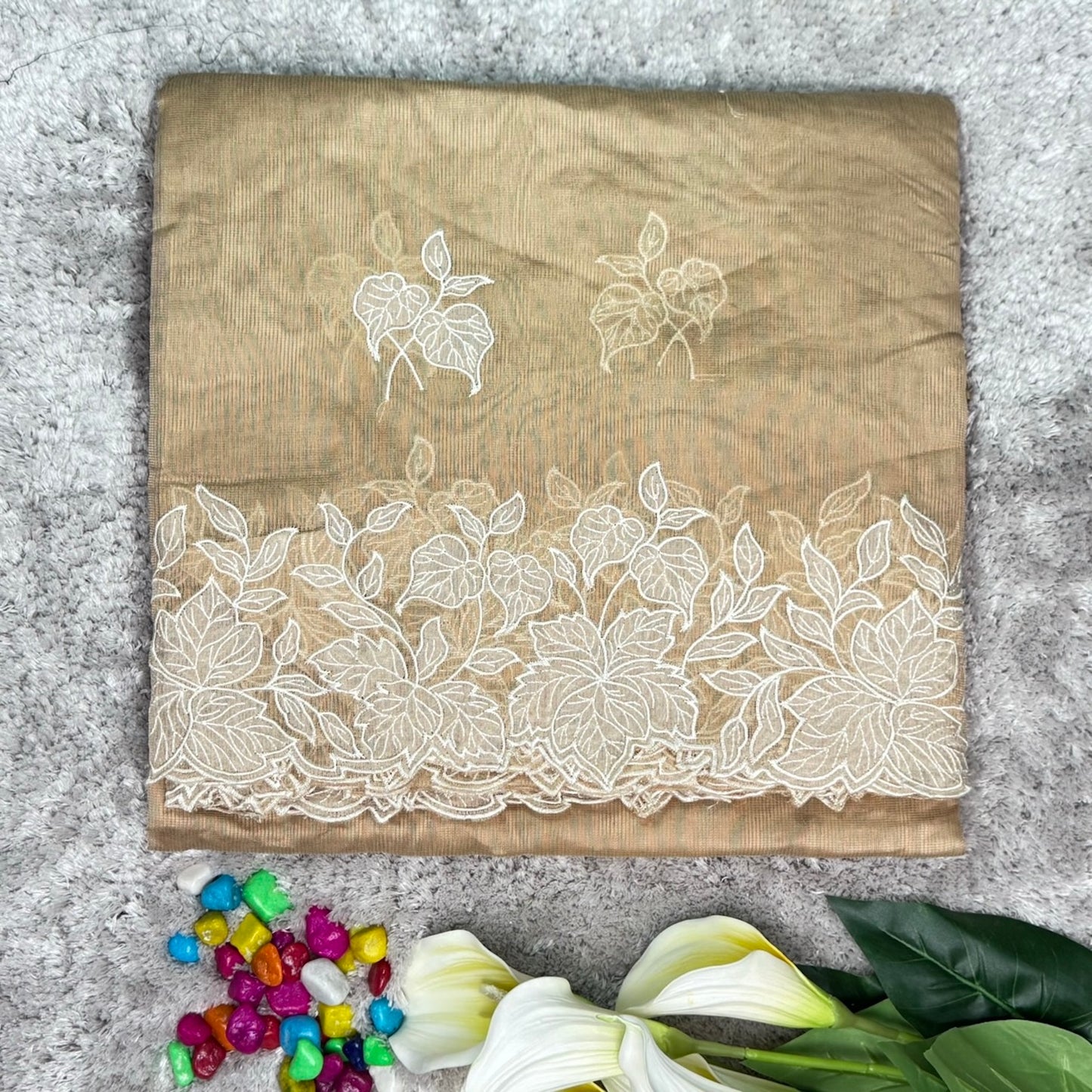 Beige Linen Applique and Scallop Work Saree