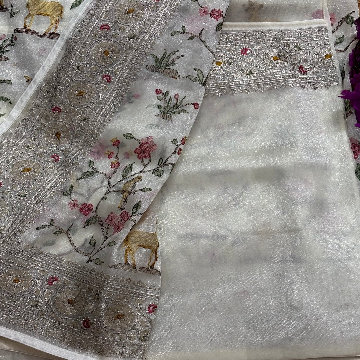 White Deer motifs Tissue Saree with German Silver Border