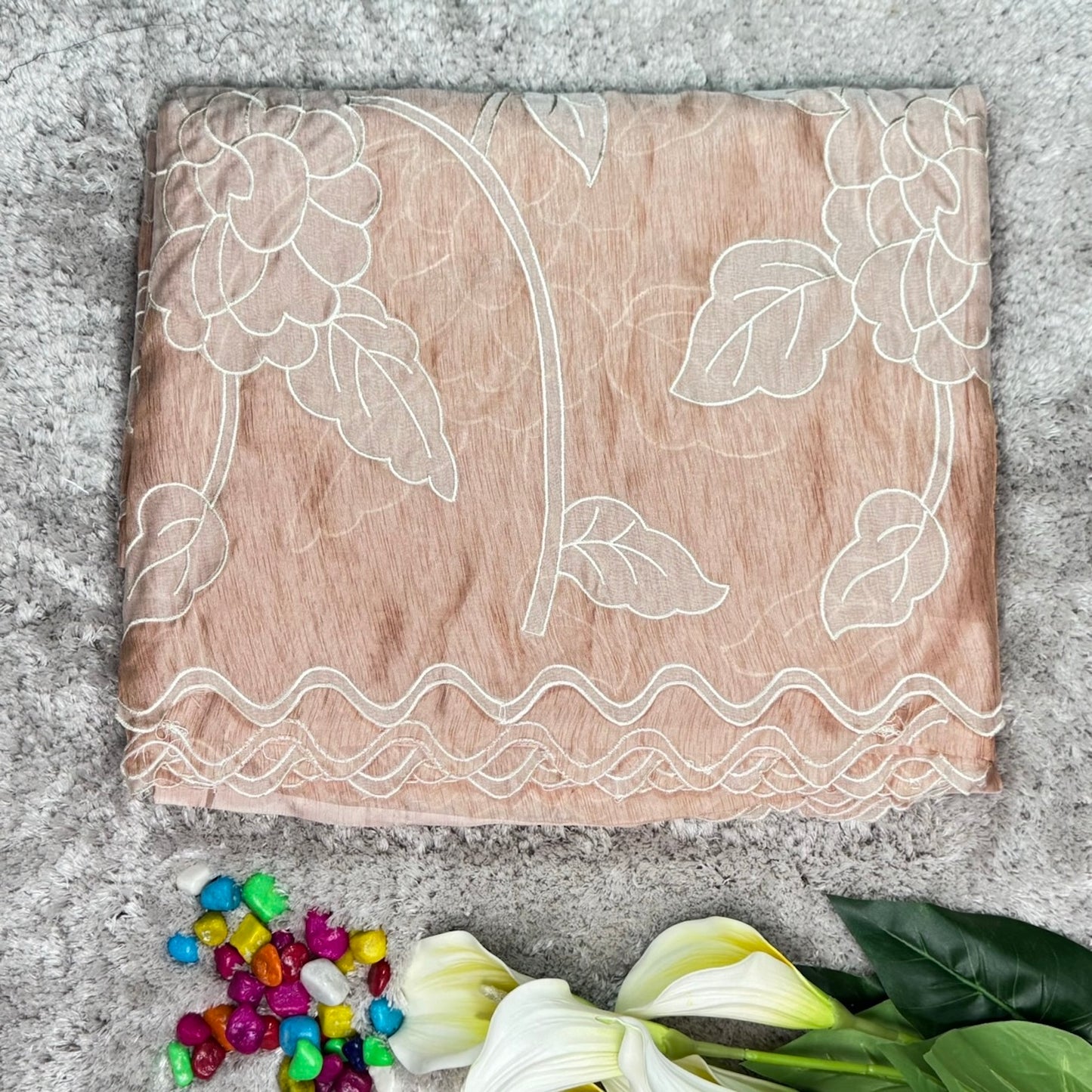 Peach Soft Tissue Organza with Applique and Scallop Work Saree