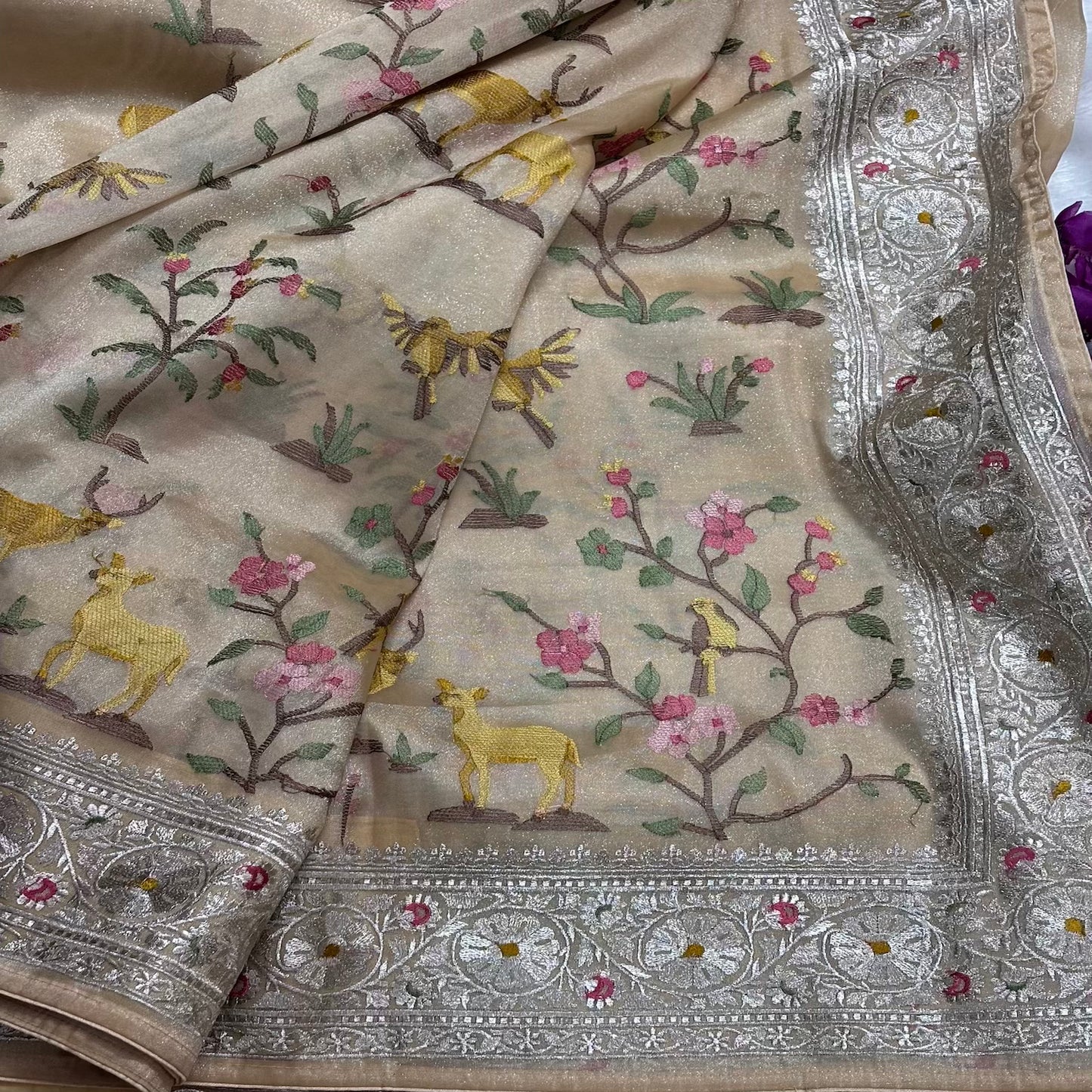 Cream Deer motifs Tissue Saree with German Silver Border