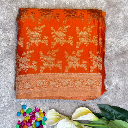 Orange Crushed georgette sarees jaal pattern