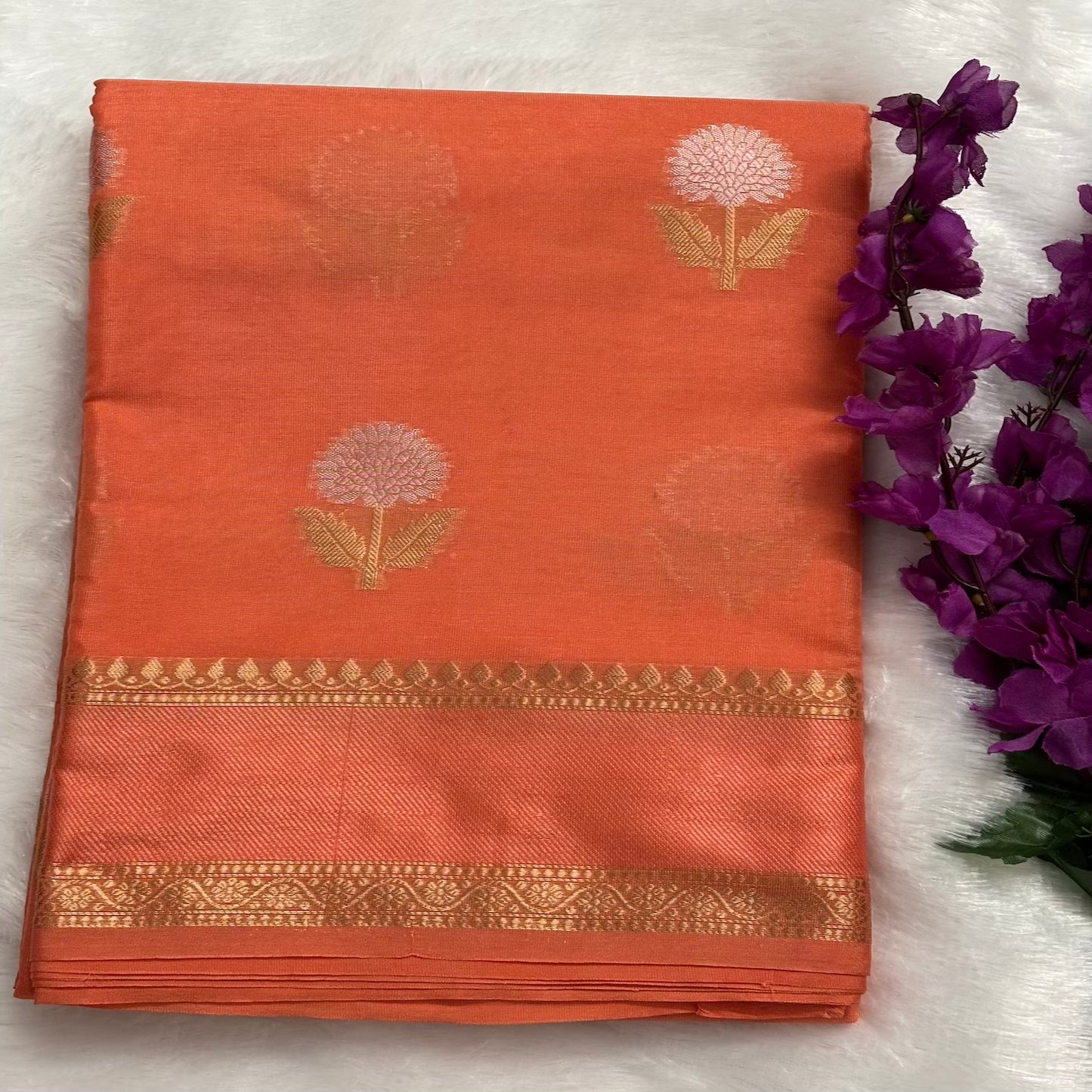 Orange Semi Raw Mango Silk Saree
