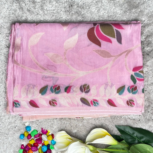 Pastel pink leaves and floral design Crape Saree