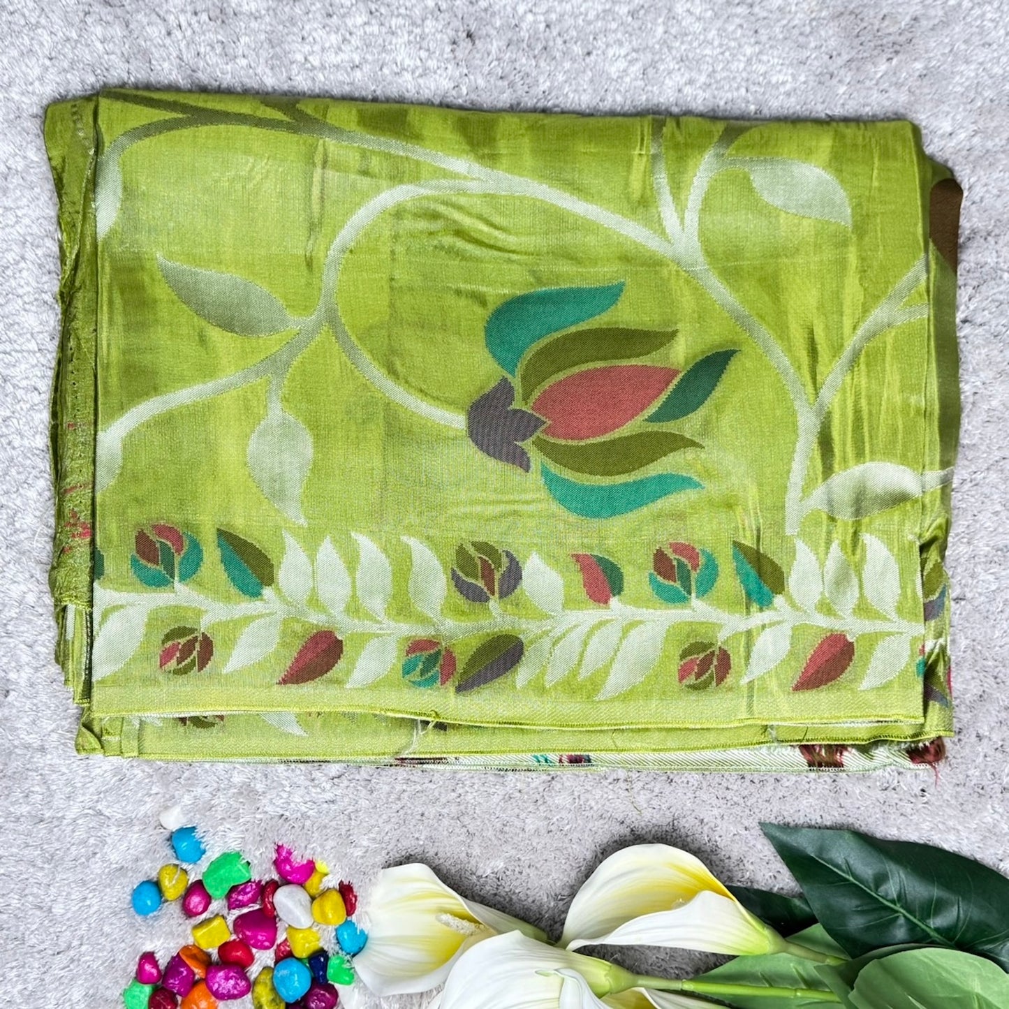 Mehandi Green leaves and floral design Crape Saree