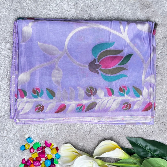 Lavender leaves and floral design Crape Saree