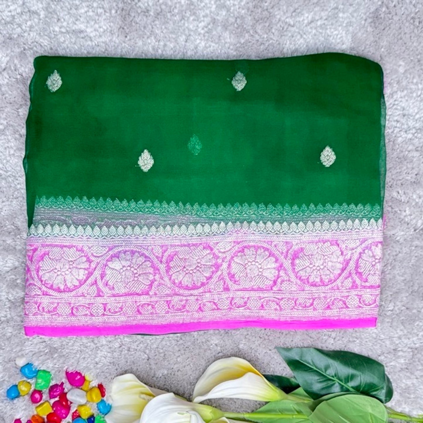 Bottle green with pink banarasi pure khadi chiffon