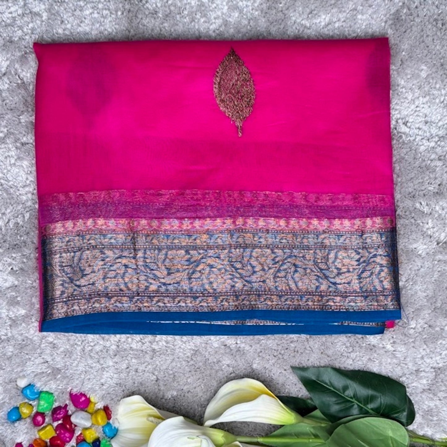 Rani Pink n Blue pure kora organza silk saree