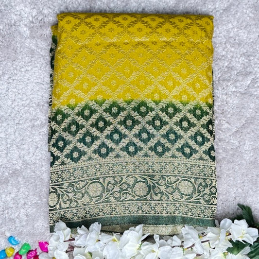 Yellow n Green Khaddi Georgette  Saree