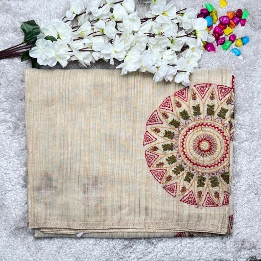 Off-White Thread work Linen Saree Circle Design