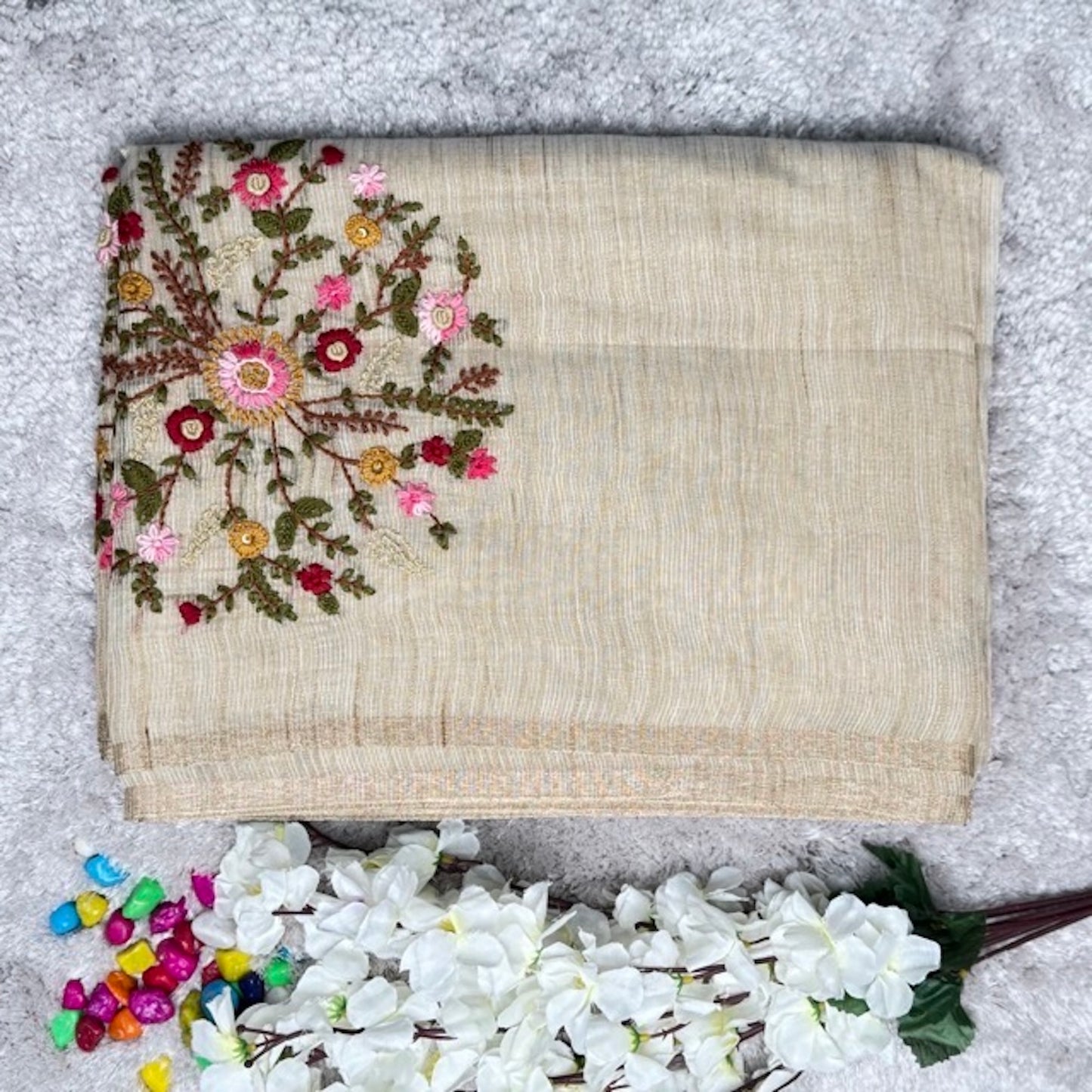 Off-White Thread work Linen Saree