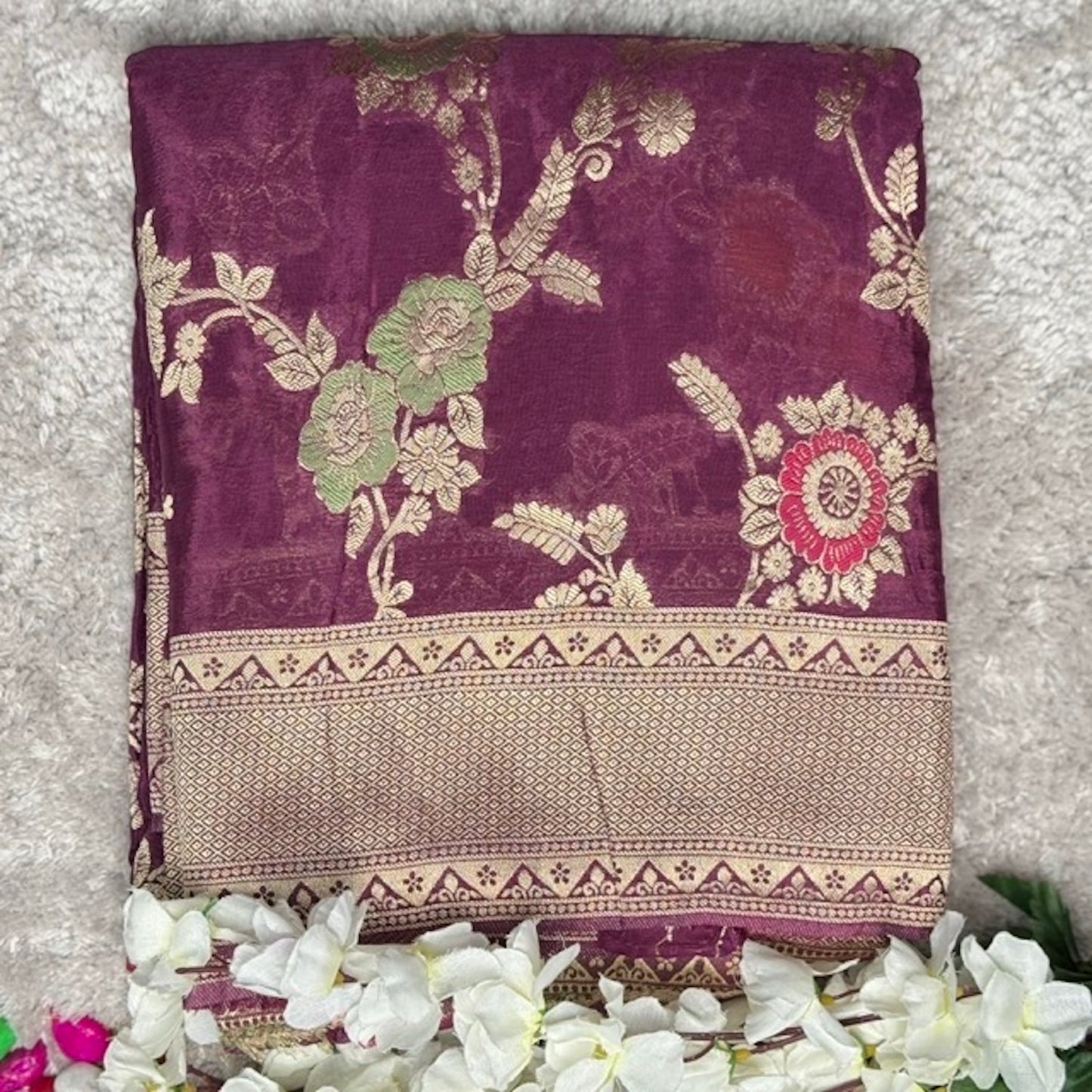 Wine Banarasi Semi Crape Jal Design Saree