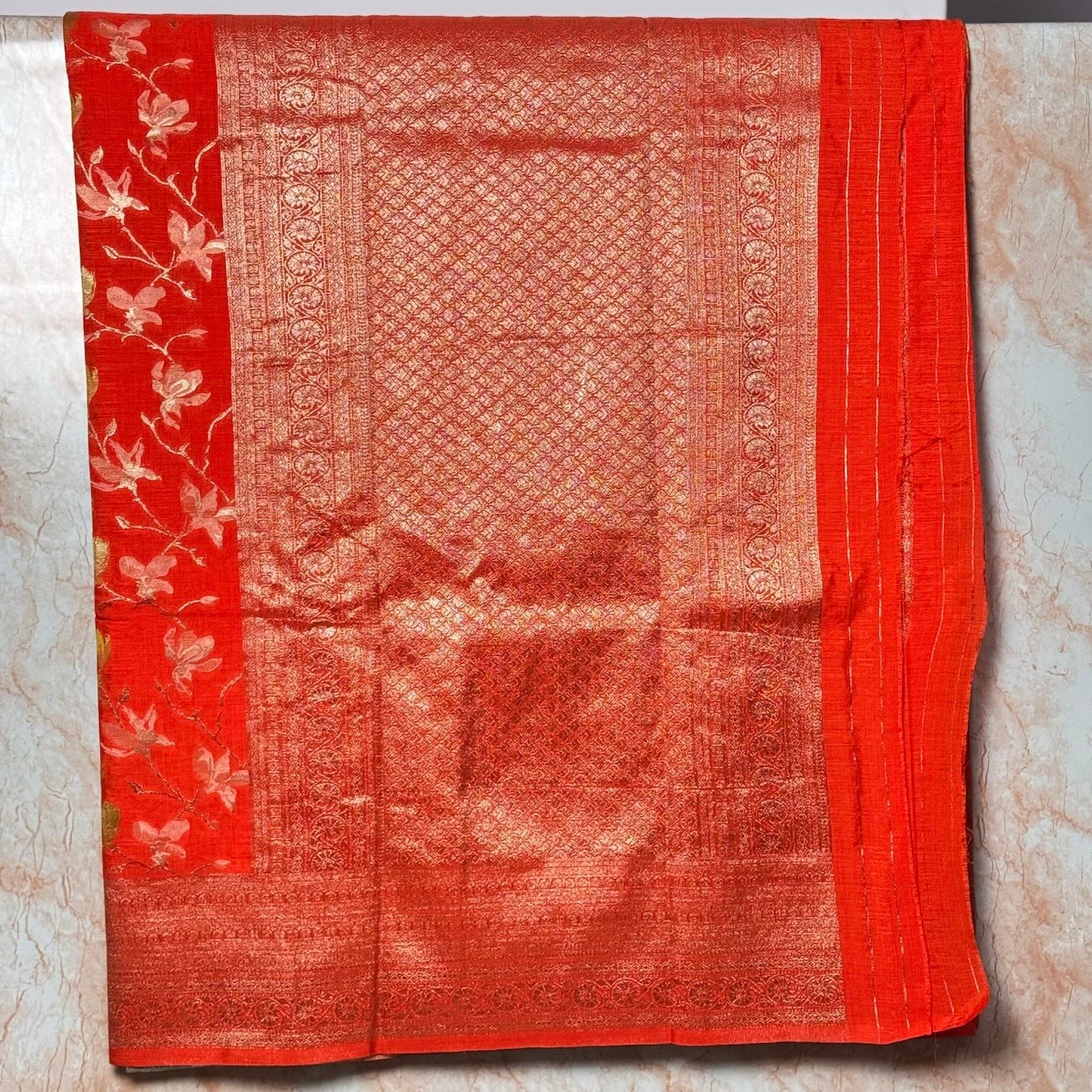 Orange Crape HandBrush Saree