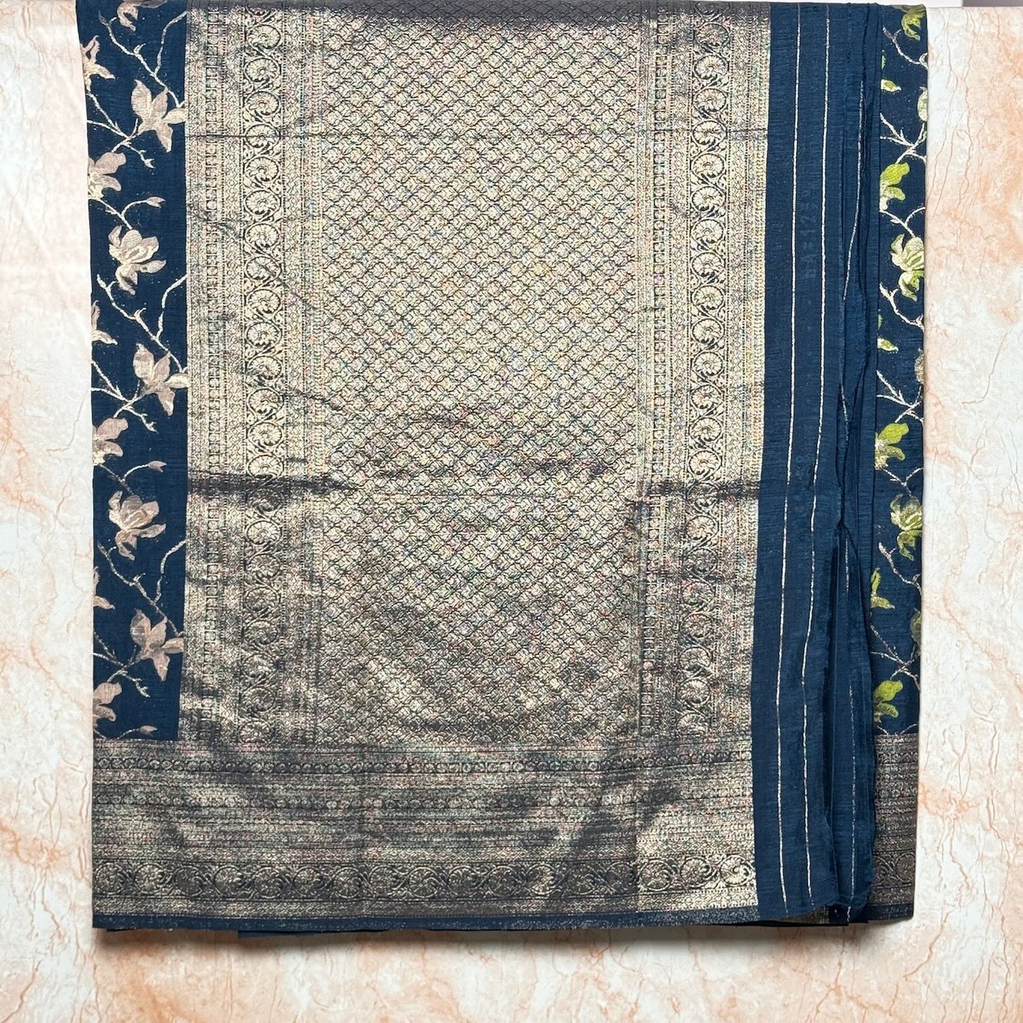 Navy Blue Crape HandBrush Saree