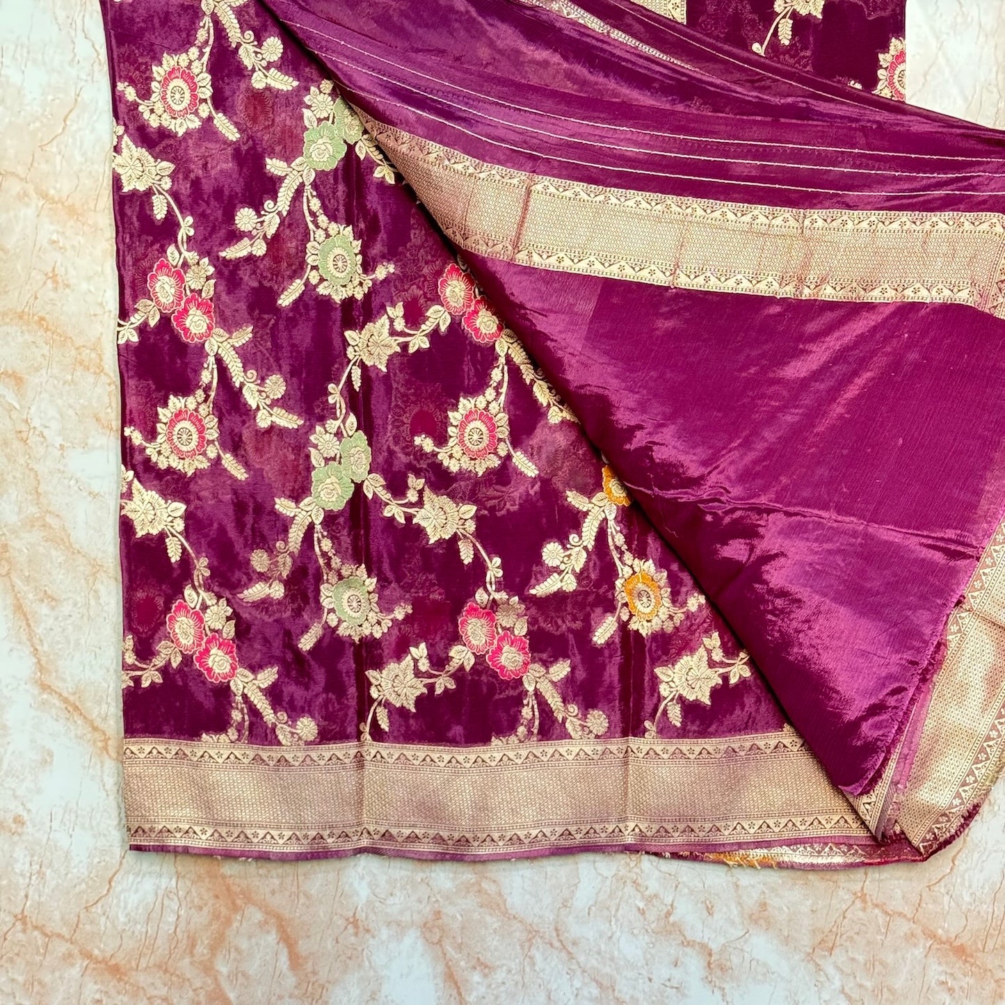 Wine Banarasi Semi Crape Jal Design Saree