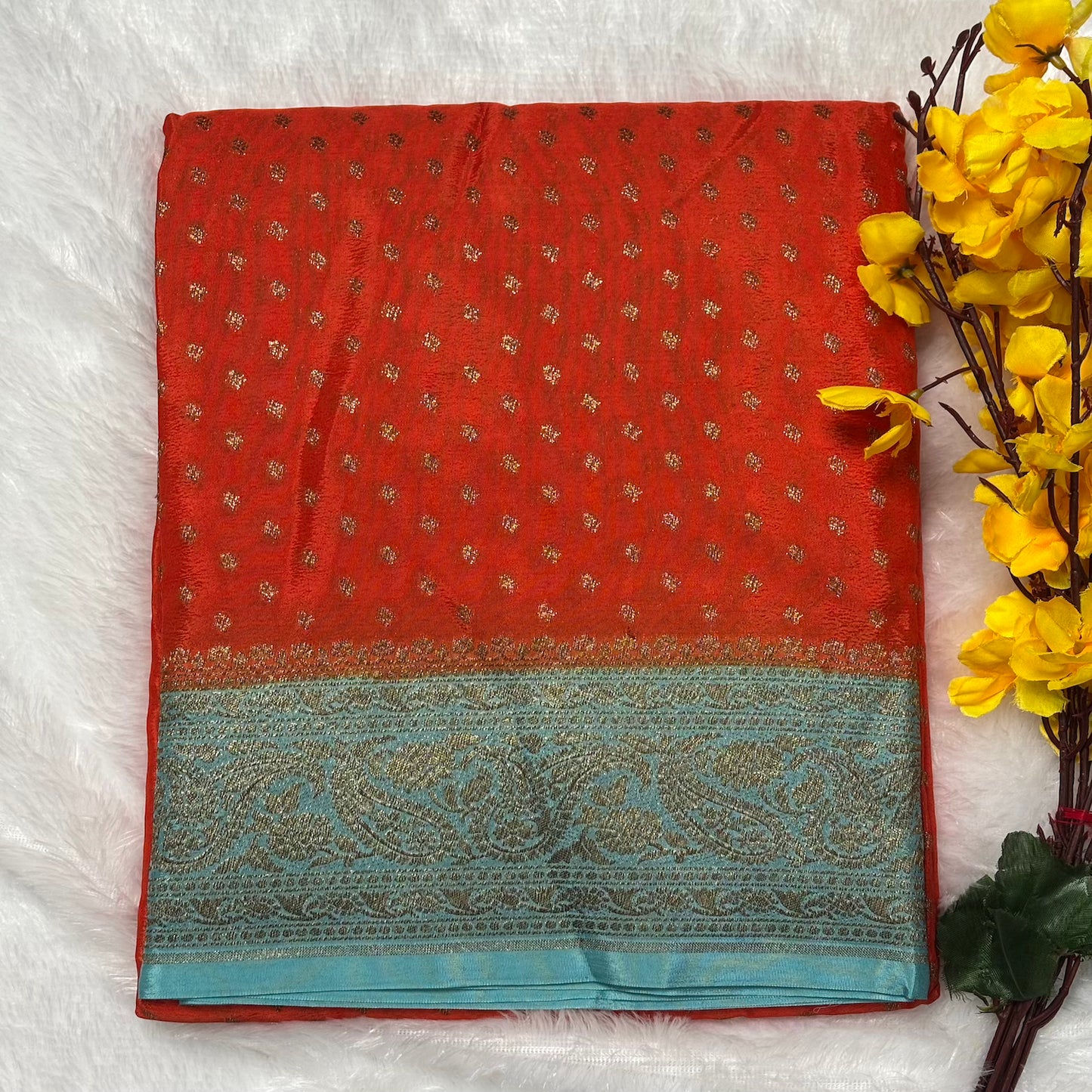 Orange n Sky Blue pure Banarasi Chiffon silk saree