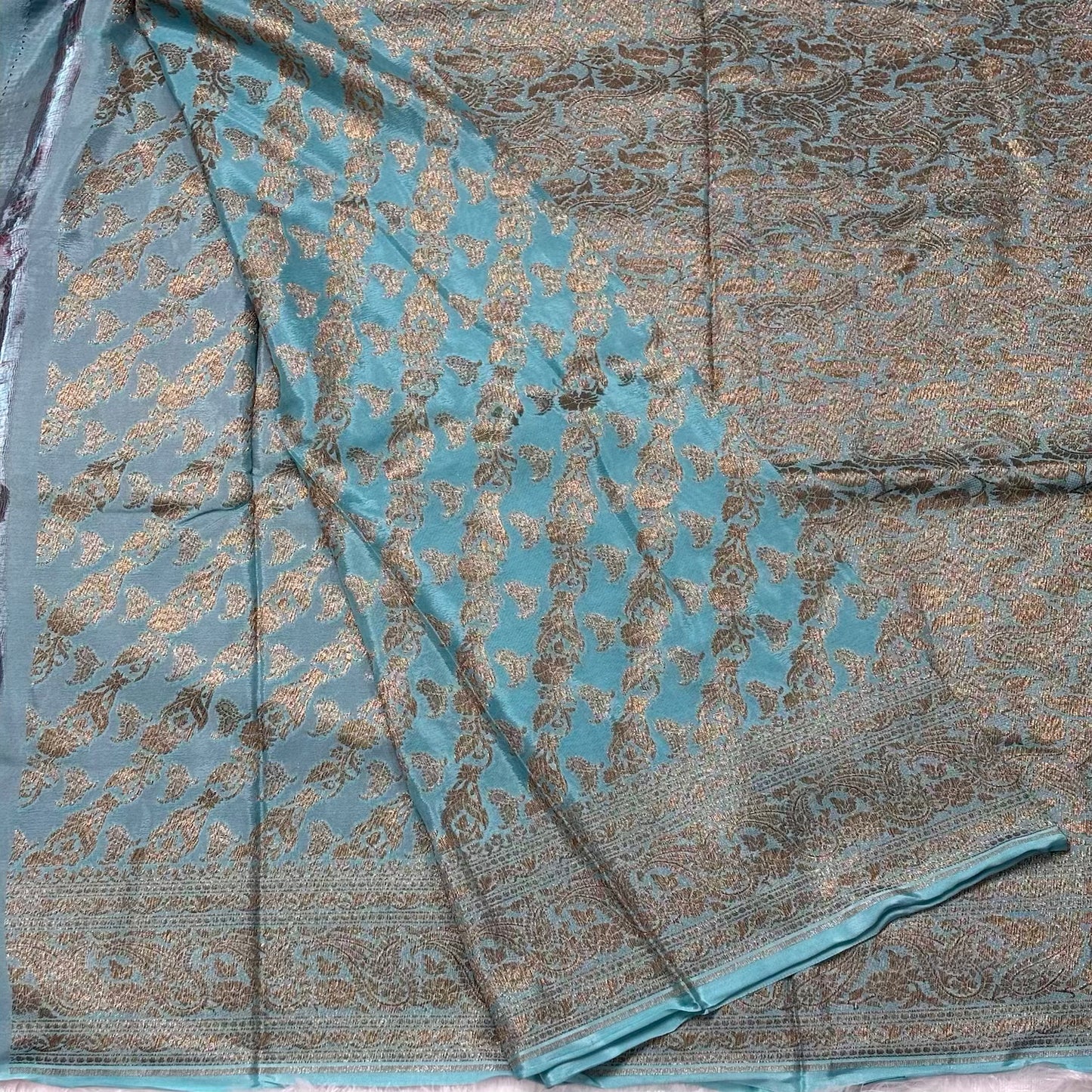 Orange n Sky Blue pure Banarasi Chiffon silk saree