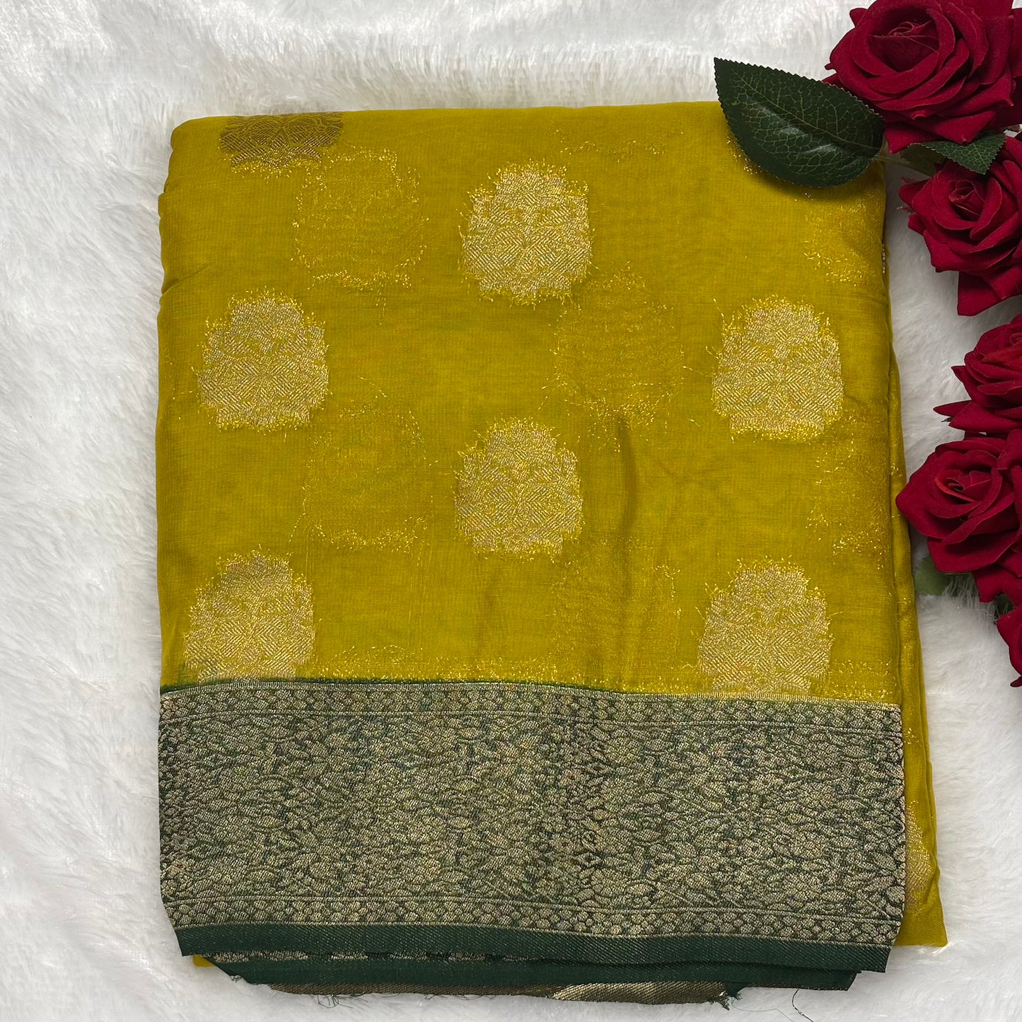 Lime Yellow n Green big butta soft chiffon saree