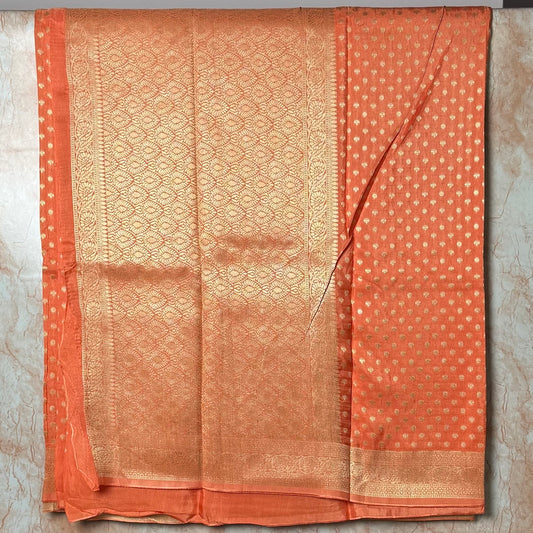 Orange Kaddi viscose Banarasi Saree with Gold Zari Buttas