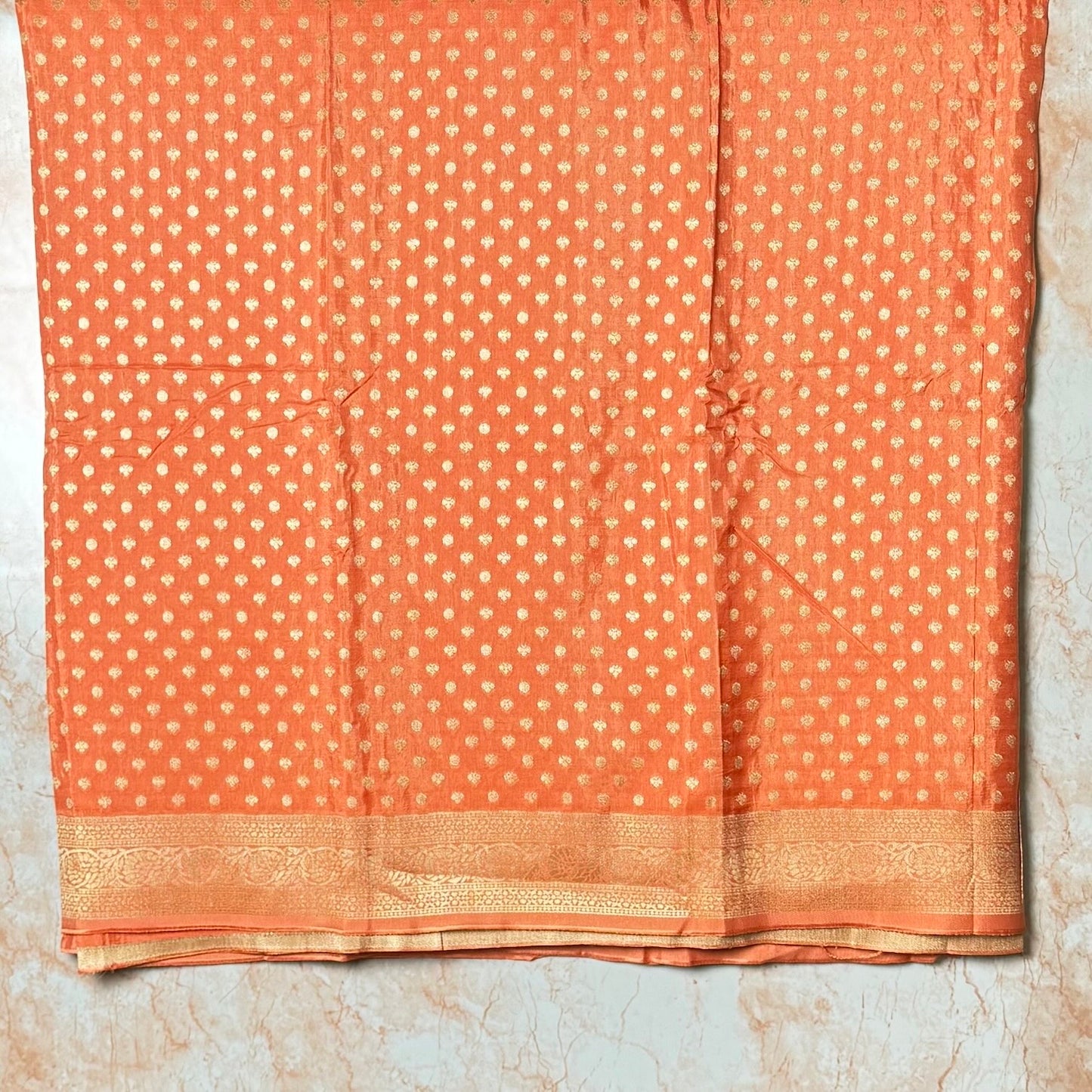 Orange Kaddi viscose Banarasi Saree with Gold Zari Buttas