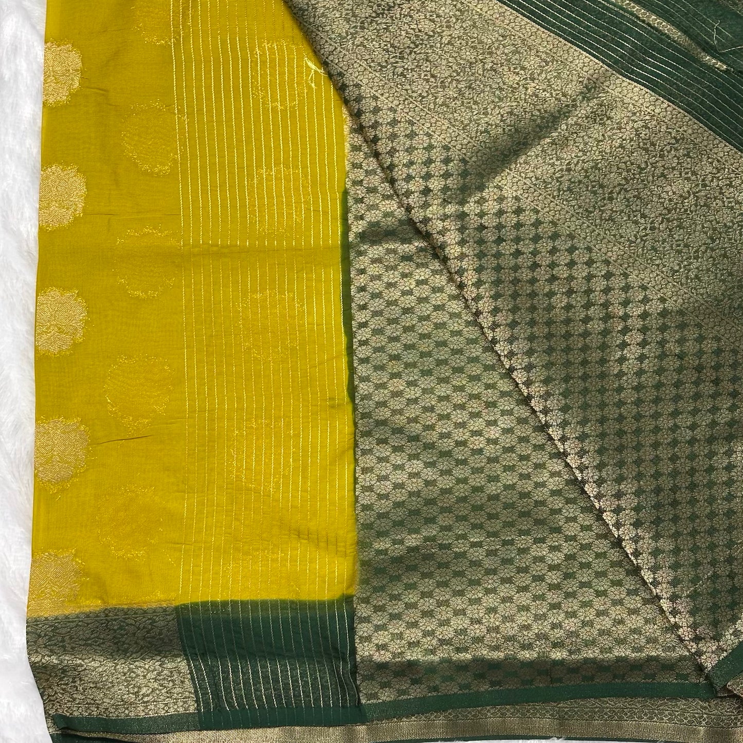 Lime Yellow n Green big butta soft chiffon saree
