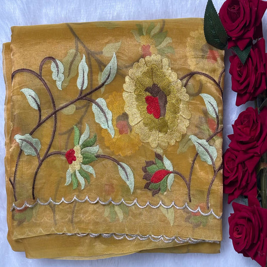Golden Yellow Pure Tissue with  Floral Embroidery