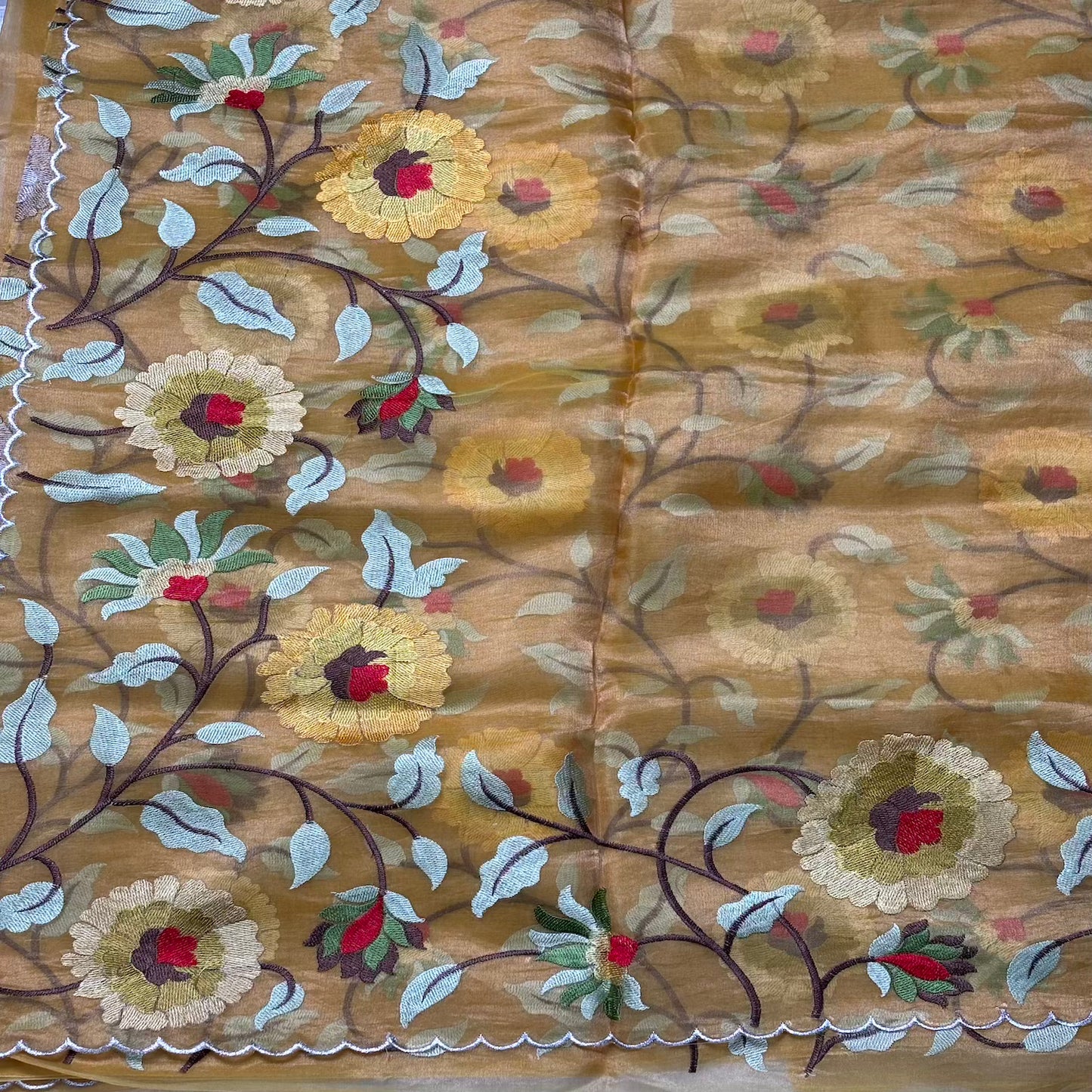 Golden Yellow Pure Tissue with  Floral Embroidery
