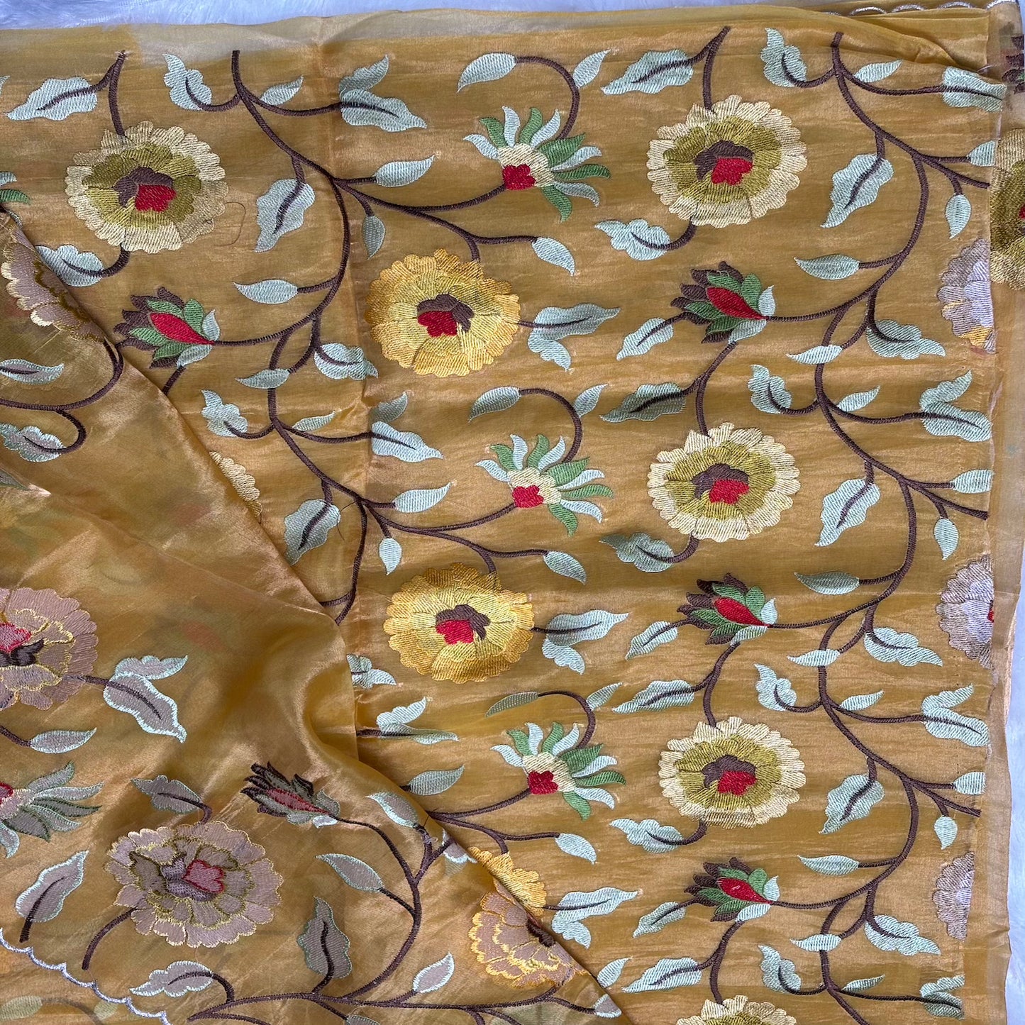 Golden Yellow Pure Tissue with  Floral Embroidery