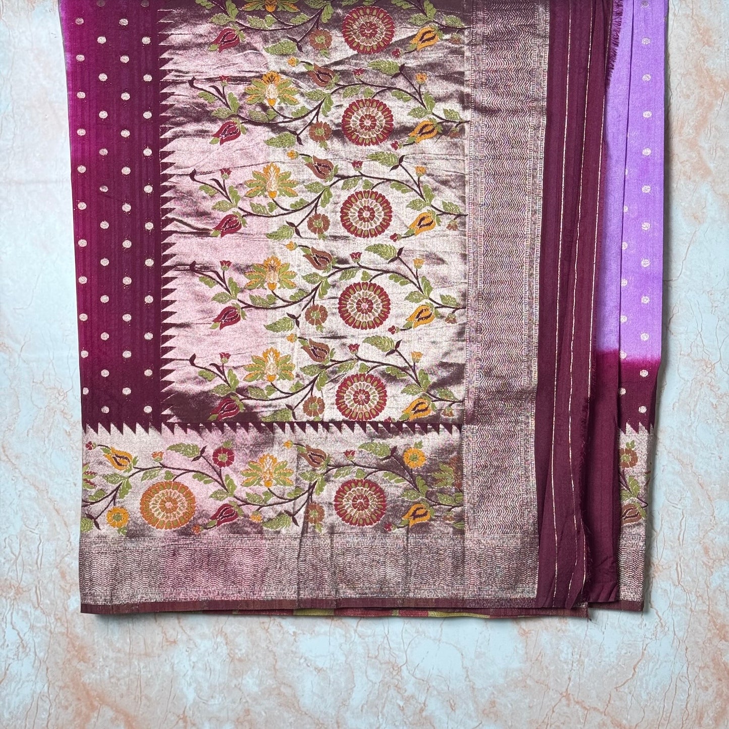 Lilac & Burgundy Semi Tussar Paithani border saree