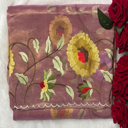 Dusty Lavender Pure Tissue with  Floral Embroidery