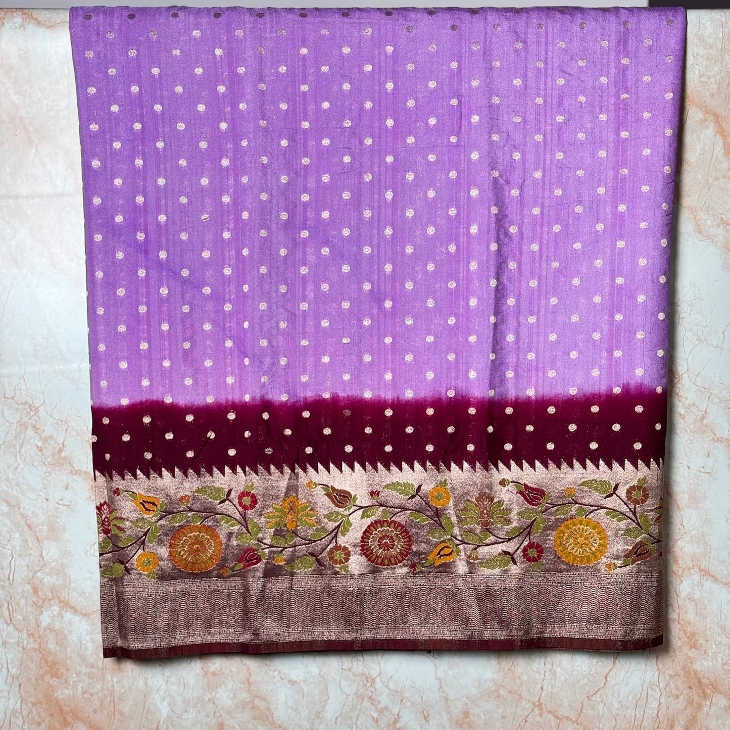 Lilac & Burgundy Semi Tussar Paithani border saree