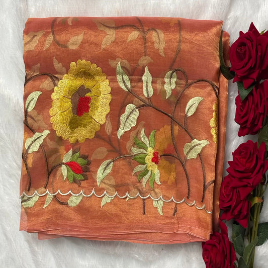 Peach Pure Tissue with  Floral Embroidery