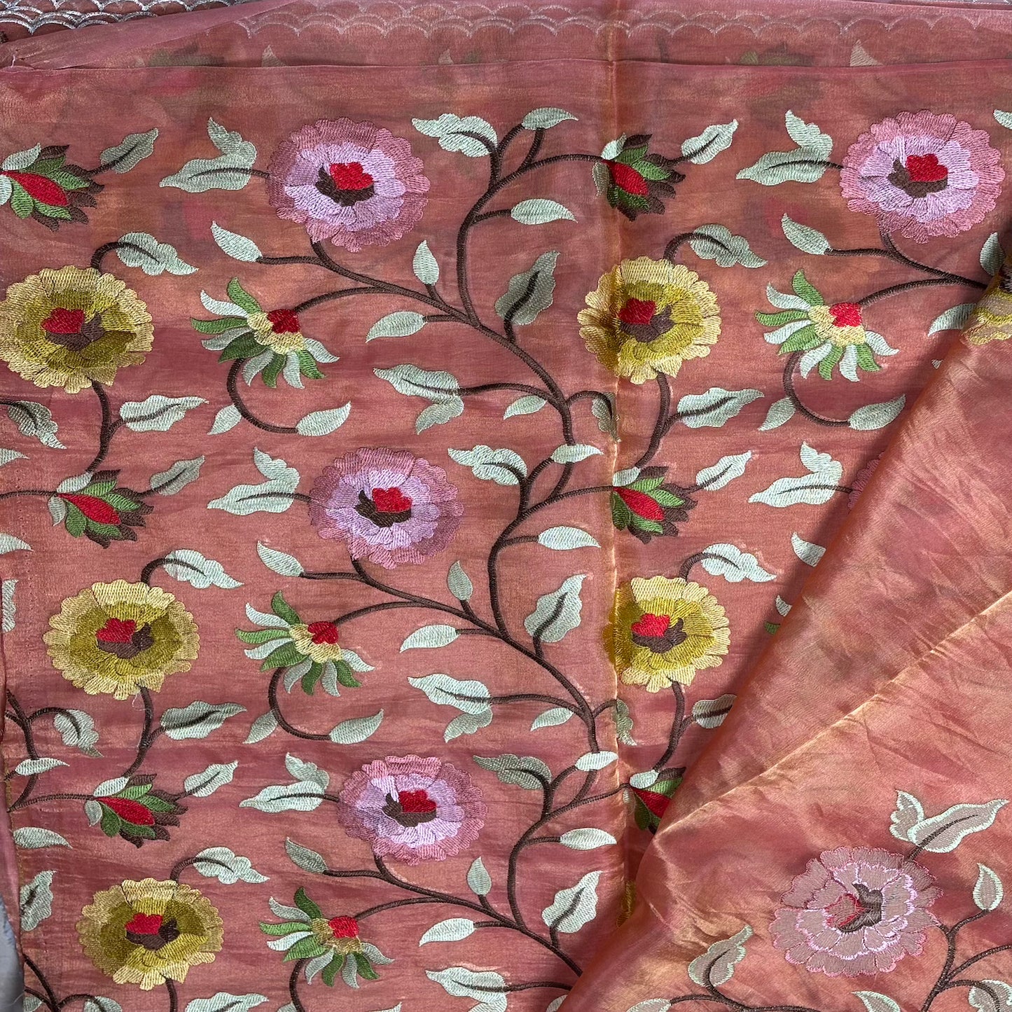 Peach Pure Tissue with  Floral Embroidery