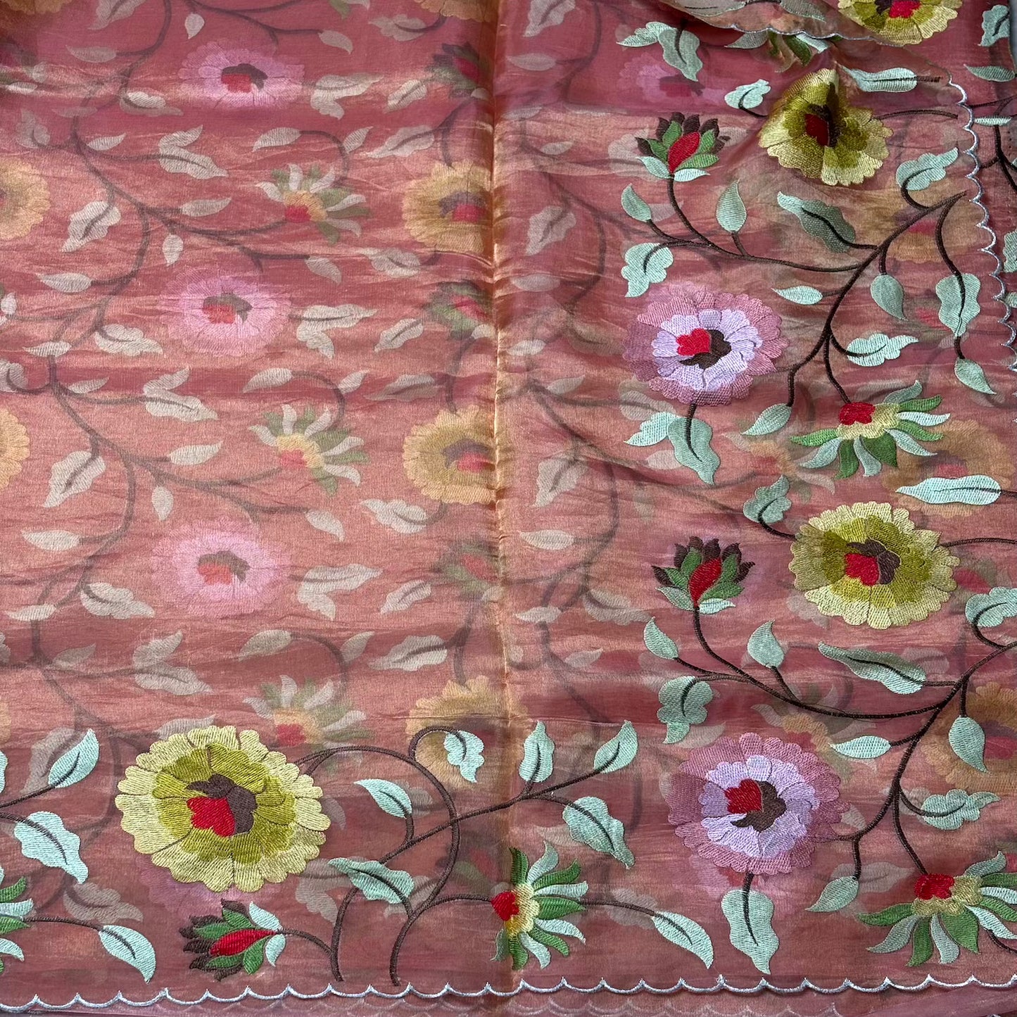 Peach Pure Tissue with  Floral Embroidery