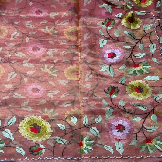 Peach Pure Tissue with  Floral Embroidery