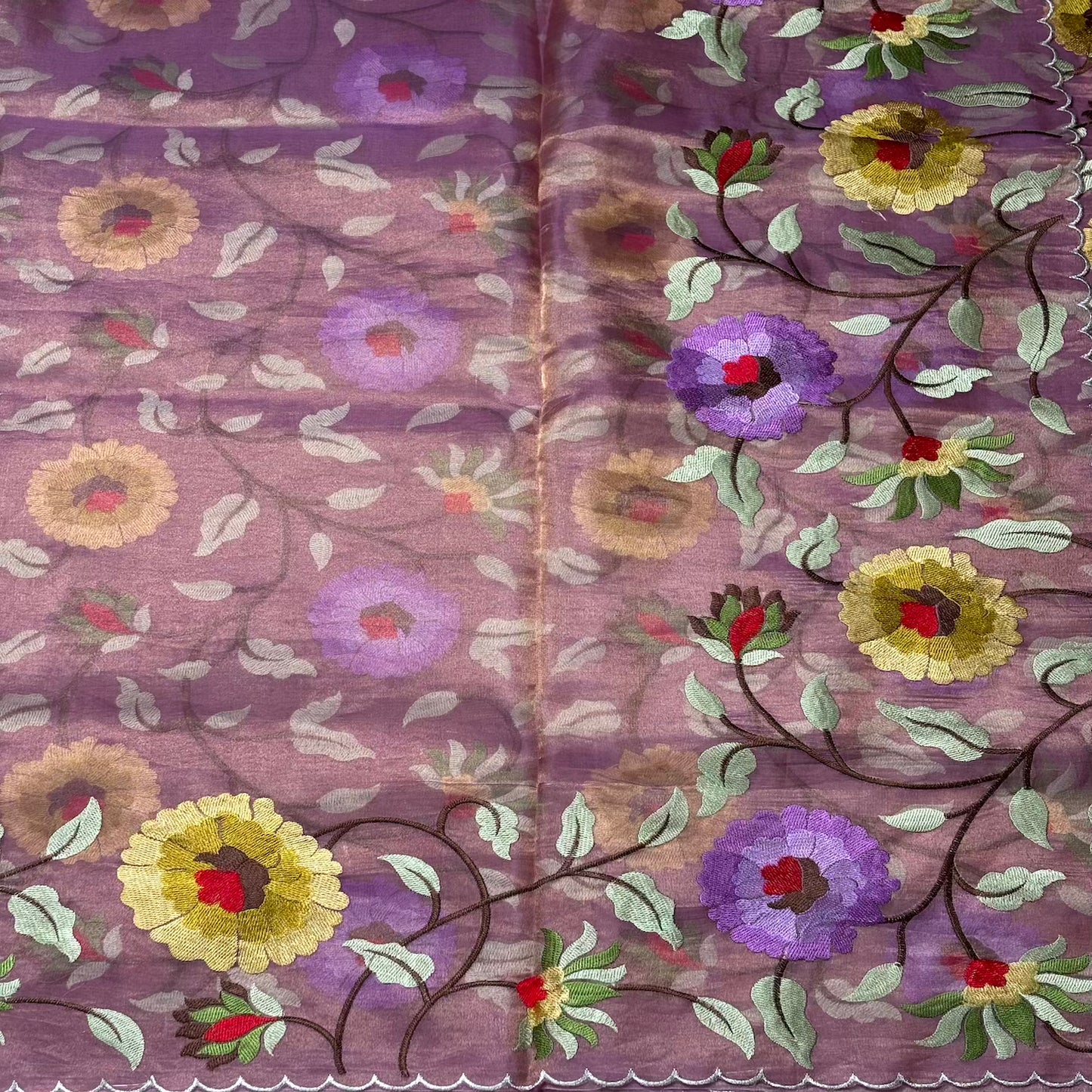 Dusty Lavender Pure Tissue with  Floral Embroidery