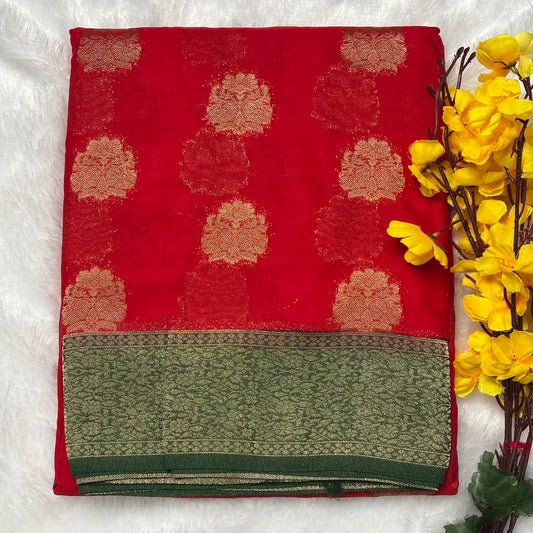 Red n Green big butta soft chiffon saree