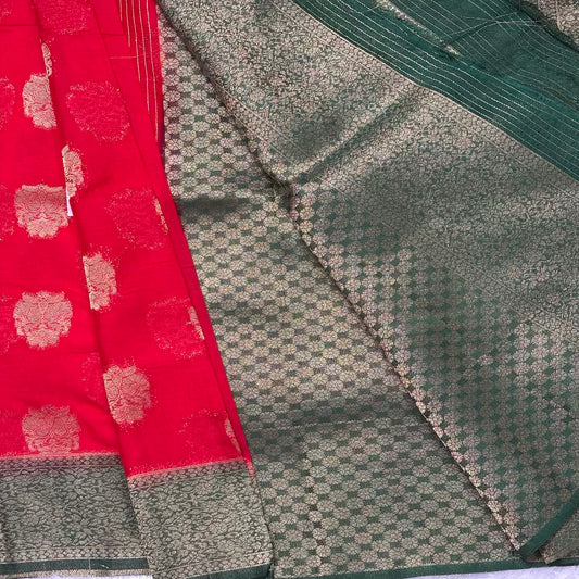Red n Green big butta soft chiffon saree