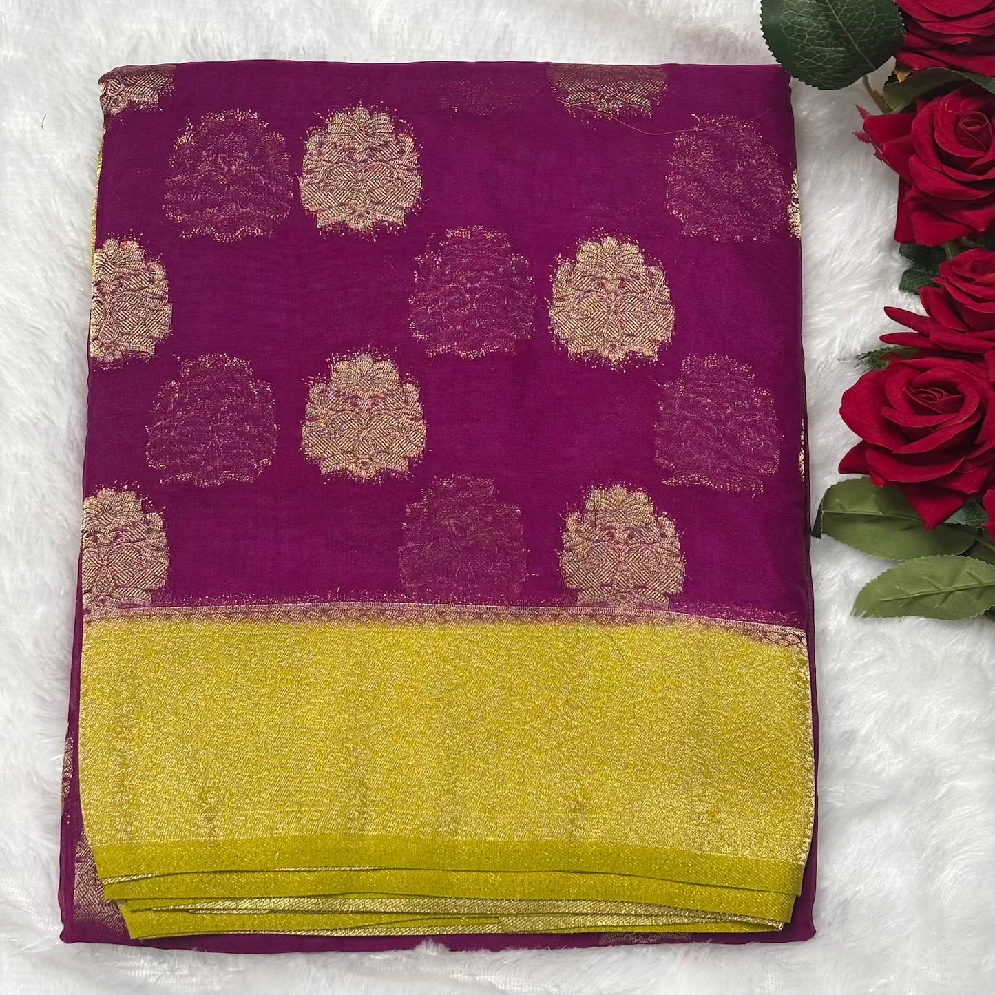 Magenta Pink n lime Yellow big butta soft chiffon saree