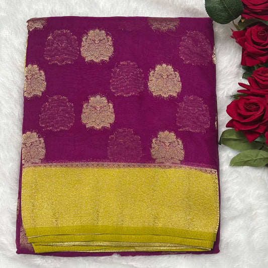Purple n lime Yellow big butta soft chiffon saree